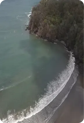 Vista aérea del promontorio boscoso y la playa cerca de Venao Cove