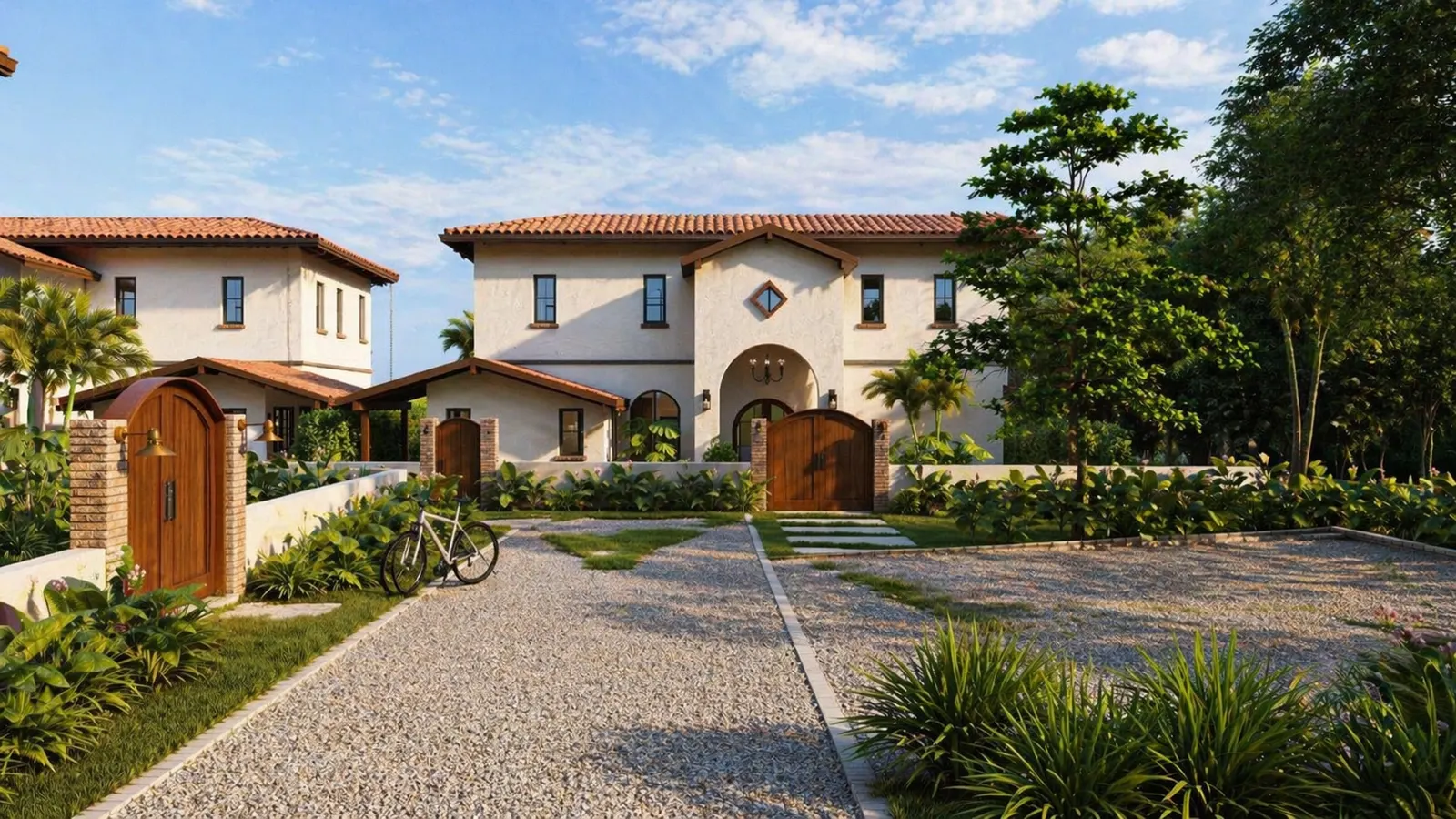 Render de la entrada con portón y el acceso vehicular de las tres villas de Venao Cove