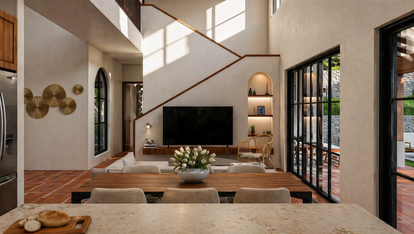 Render de la sala y el comedor a doble altura de una villa de Venao Cove