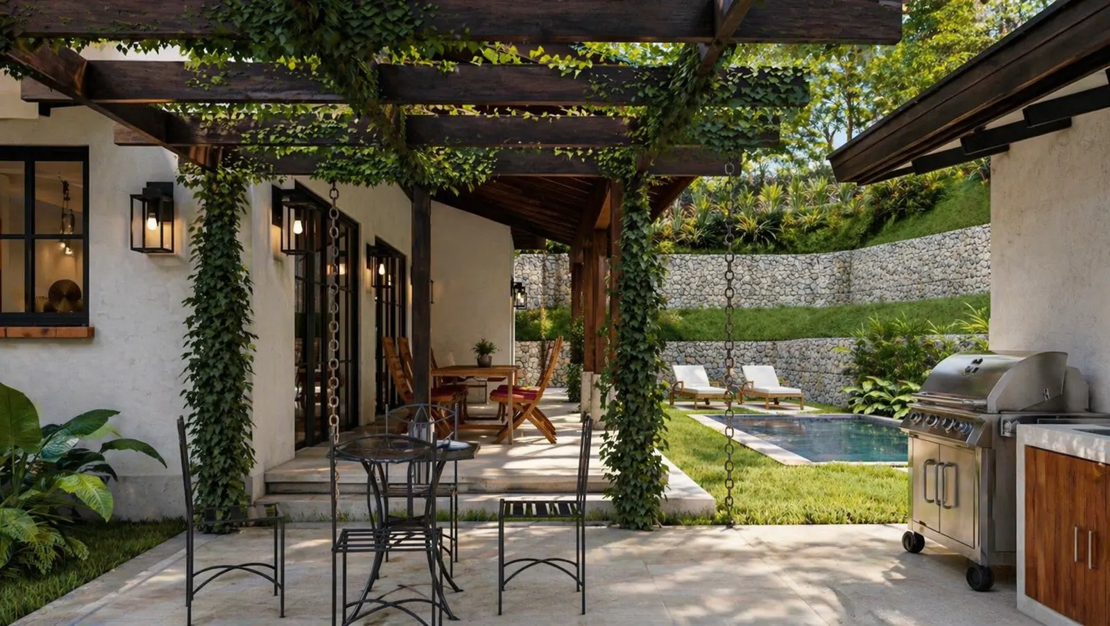 Render del patio techado de Venao Cove con cocina exterior y vista a la piscina