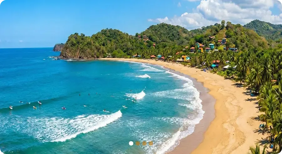 Aerial view of green coastal land and beach on the Azuero Peninsula