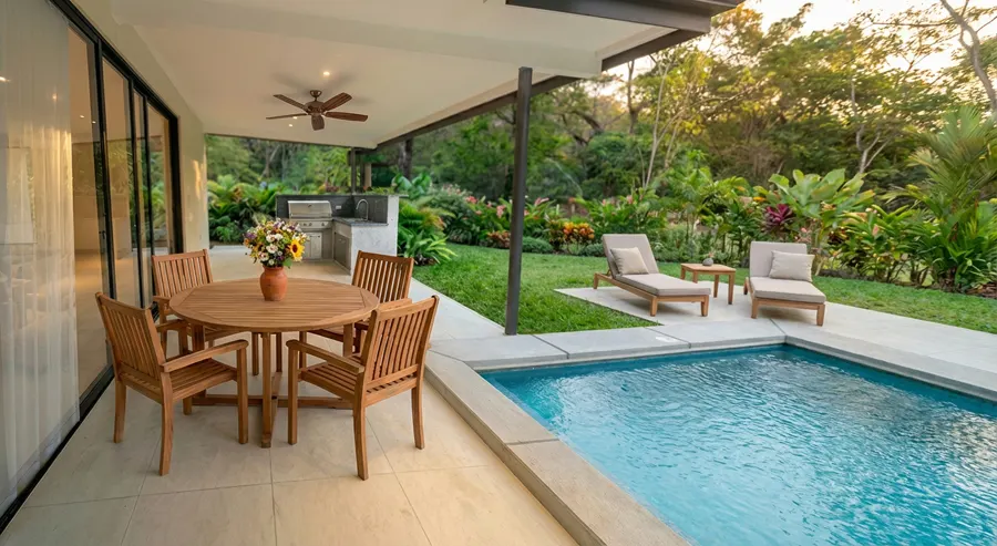 Covered patio of Casa Valley with dining table overlooking the private pool