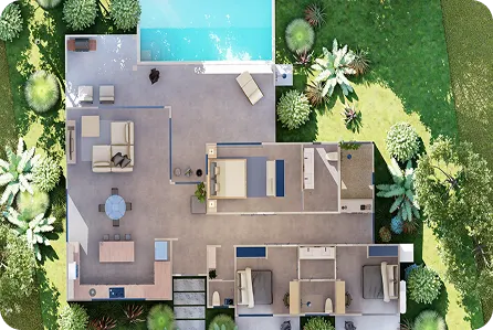 Top-down floor plan view of Casa Valley showing bedrooms, living area, patio and pool