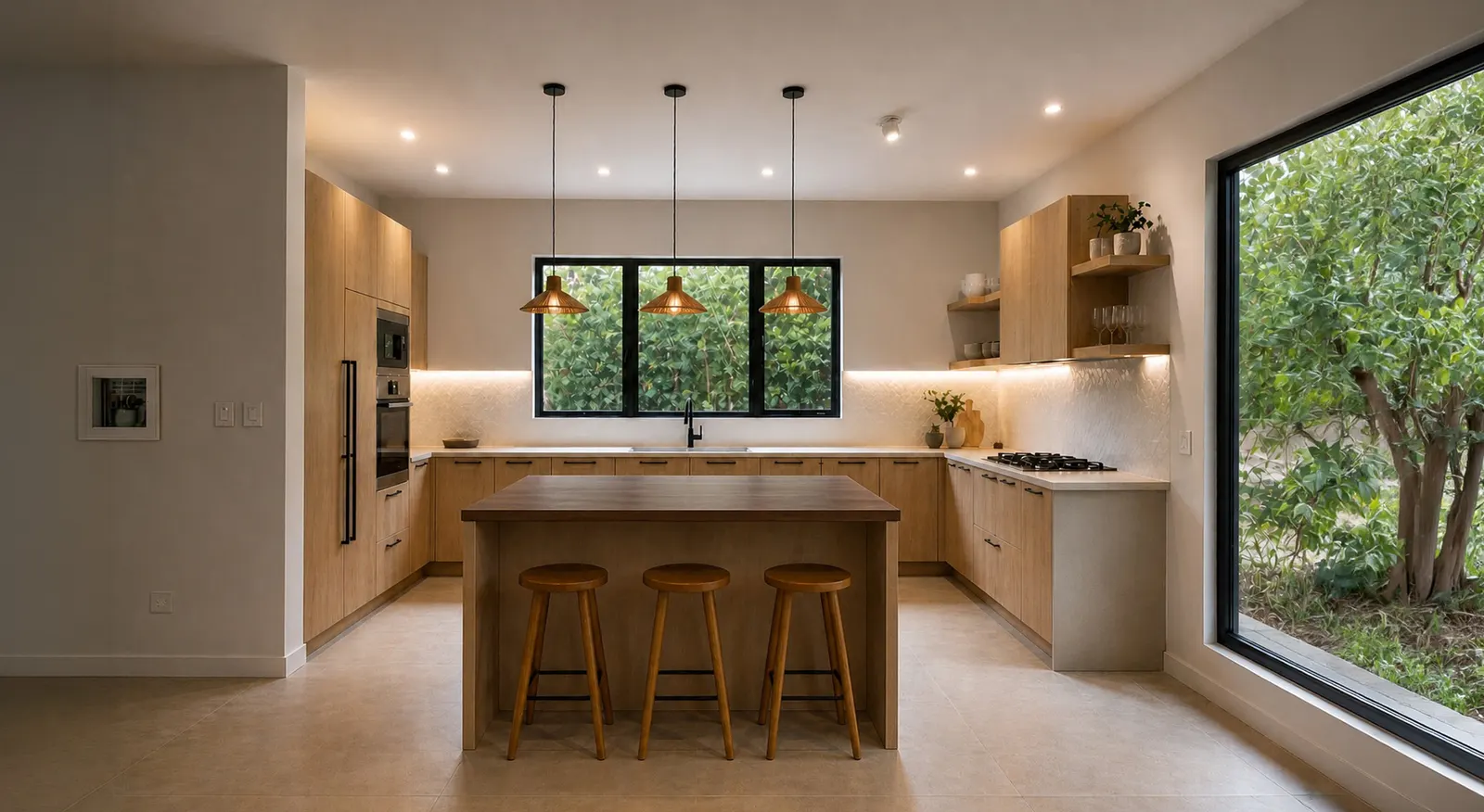 Casa Valley kitchen with island, bar stools and floor-to-ceiling window