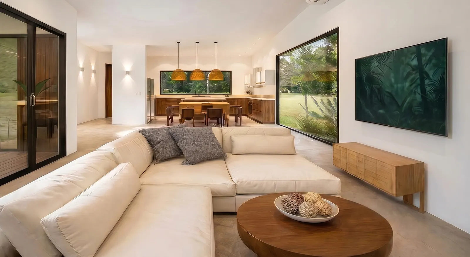 Casa Valley living room with sectional sofa, high ceilings and garden views