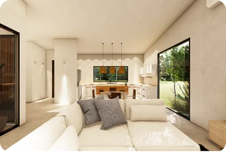 Casa Valley lounge with white sofas and glass doors to the courtyard