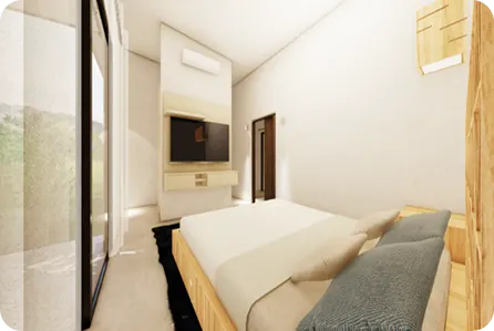 Casa Valley master bedroom with built-in wardrobe and garden window