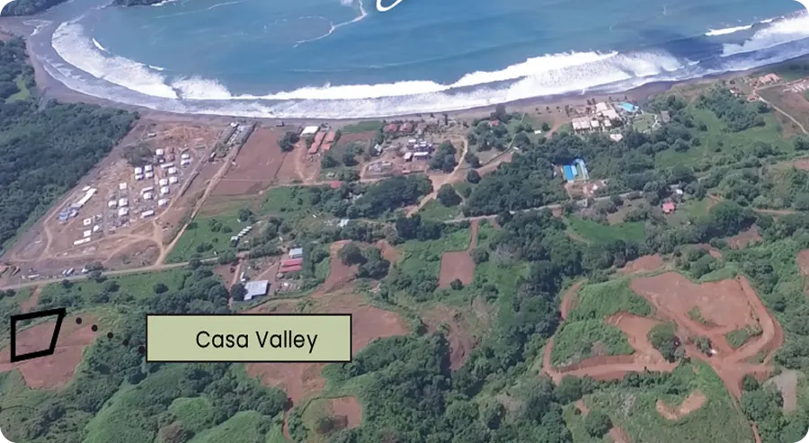 Aerial view of Playa Venao bay with the location of Casa Valley in Marvalley marked