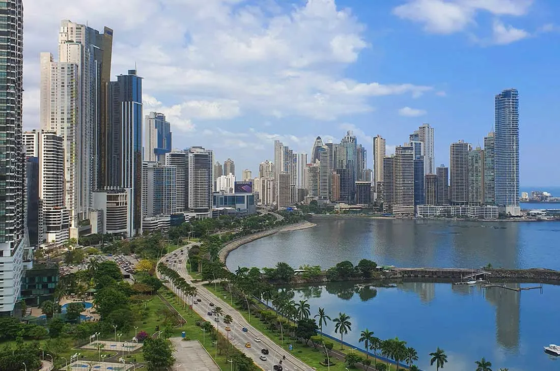 Panama City skyline and bay, home of the National Migration Service