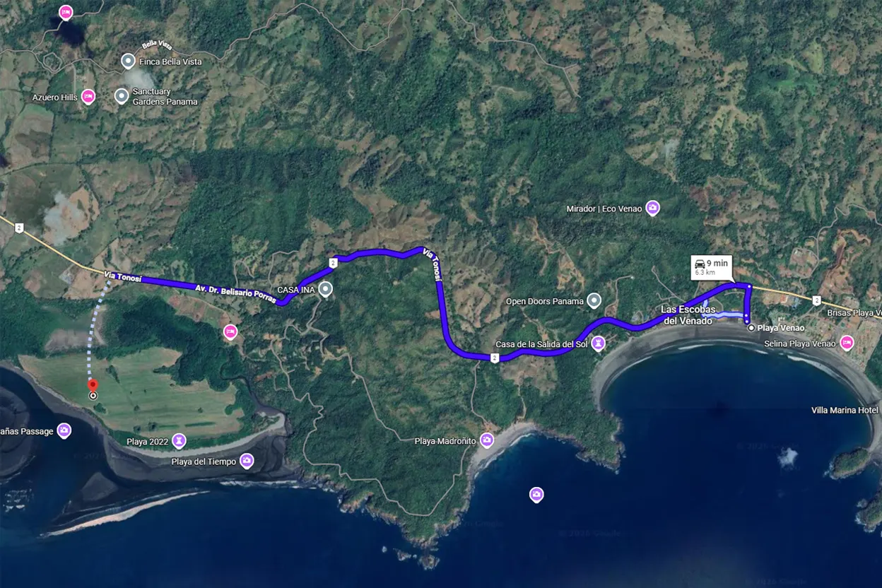 Map showing the route from Playa Venao to Playa Raya on the Azuero Peninsula