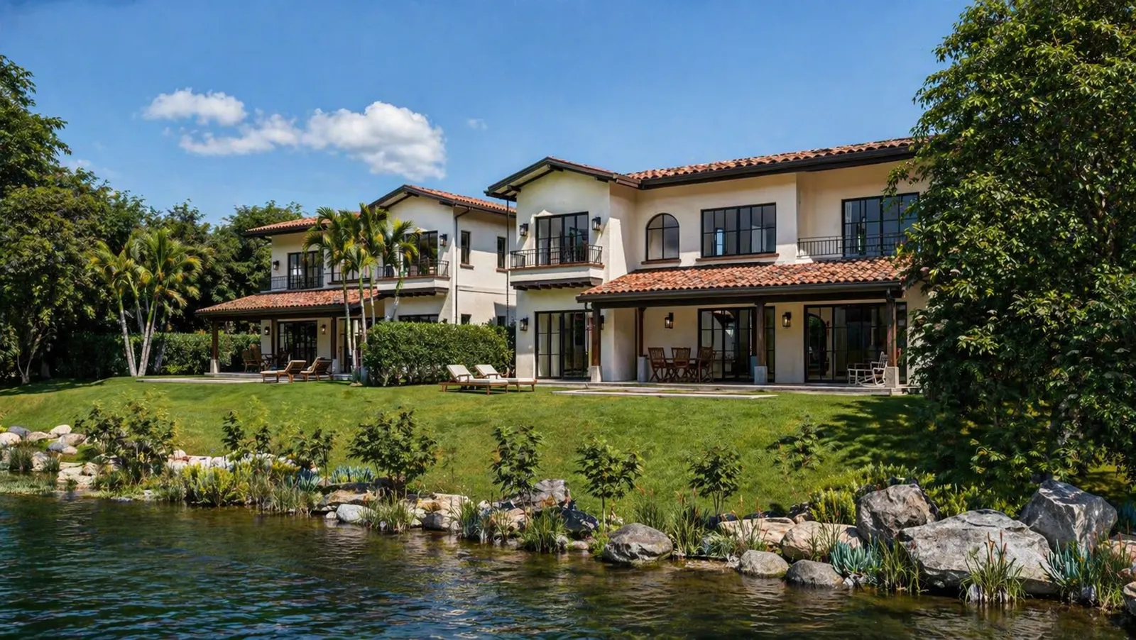 Rendering of Venao Cove villas facing the river with landscaped garden